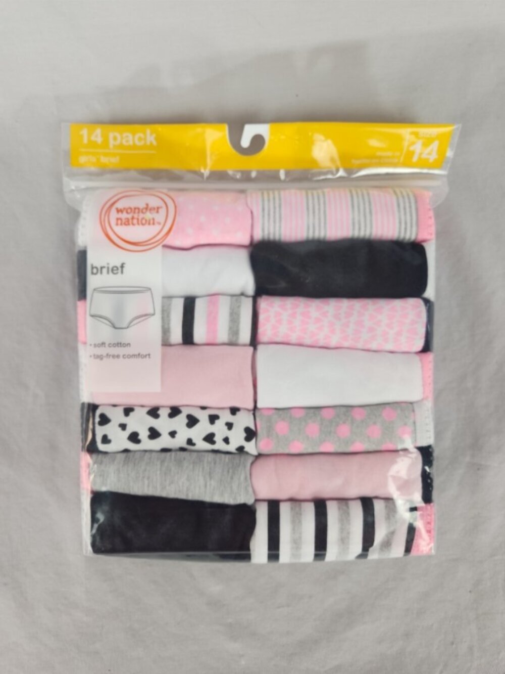 Wonder Nation Girls Briefs 14 Pack Size 14 Pink Gray Black White Underwear